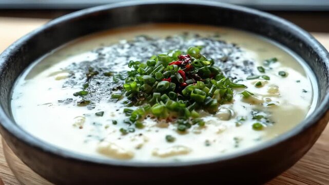 Creamy soup with seaweed and green onions