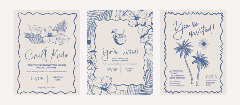 Summer party invitation set. Hawaiian event poster template. Boho holiday drawings. Hand drawn illustration of palm trees and tropic leaves. Graphic ink style sketch. Whimsical frames.