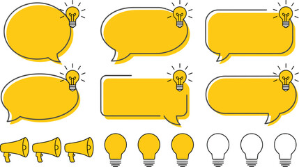 Thought Bubble & Idea Light Bulb Set: Yellow Speech Bubbles, Megaphones & Bulbs on White Background