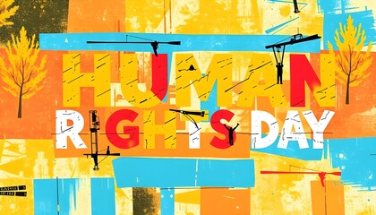 A colorful illustration for human rights day with trees and people on crane structures