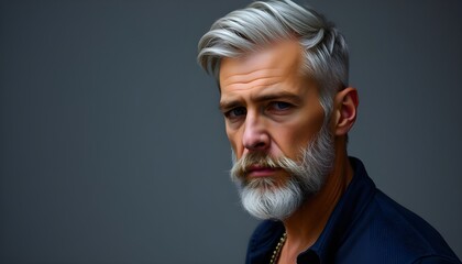 Portrait of a mature man with silver hair and a beard against a gray background looking serious