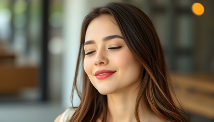 A portrait of a young woman with brown hair and red lipstick smiling with her eyes closed softly