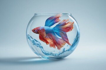 Colorful betta fish swimming in a clear glass bowl on a blue background.
