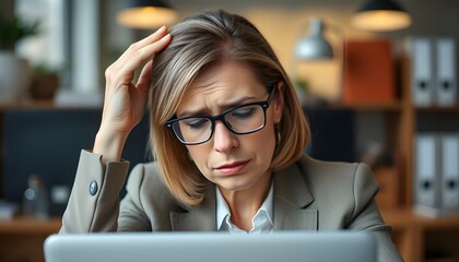 A woman with glasses in a blazer looking at a laptop with a concerned expression on her face