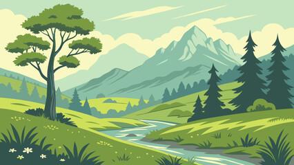 Serene Mountain Valley Landscape Illustration Vector Art Graphic Design Nature Scene Spring Summer Background