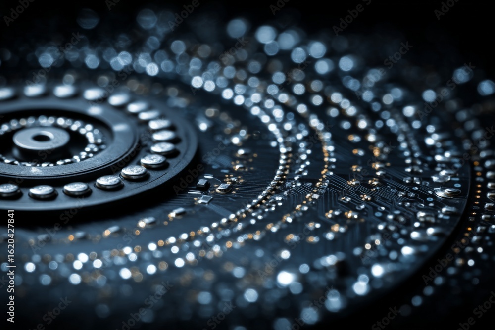 Poster intricate close-up of a circuit board showcasing electronic components and light reflections in a da