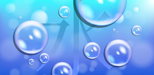 Vector huge round drops close-up. Japanese hieroglyph means water. Bright light blue banner or glow flyer. Natural pure clear aqua. Transparent bubbles. Bokeh effect