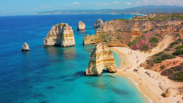 Algarve's stunning coastline with its dramatic cliffs, Granit Rose in Brittany, famous granite rocks, turquoise sea, turquoise waters, and sun-kissed beaches perfect