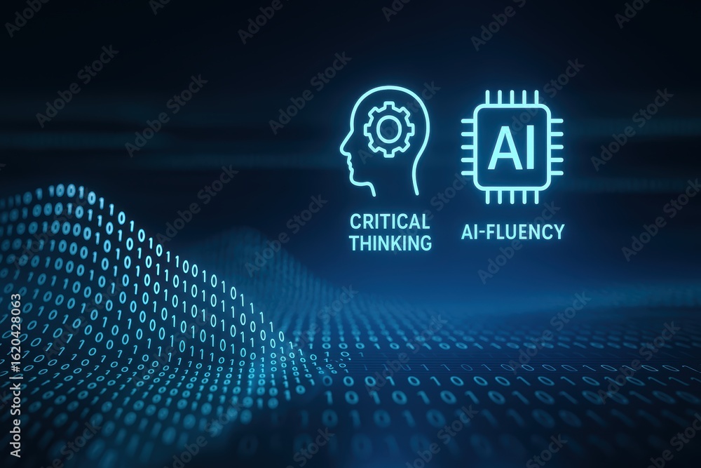 Poster representation of critical thinking and ai-fluency in a digital environment with binary code