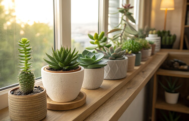 Succulent plants in ceramic pots arranged on a wooden shelf, a minimal indoor garden aesthetic with natural light and calming tones.