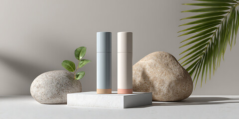 Minimalist still life with cylindrical containers stones and greenery arranged on white pedestal against neutral background

