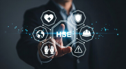 Businessman activating HSE safety system for workplace health and protection