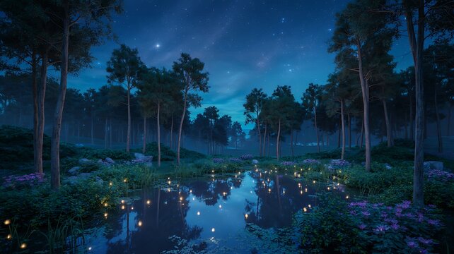 Enchanted forest pond at night with glowing lights and starry sky water reflection - Powered by Adobe
