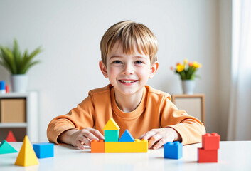 A boy is having fun playing with colorful toy blocks at home to enhance his development.