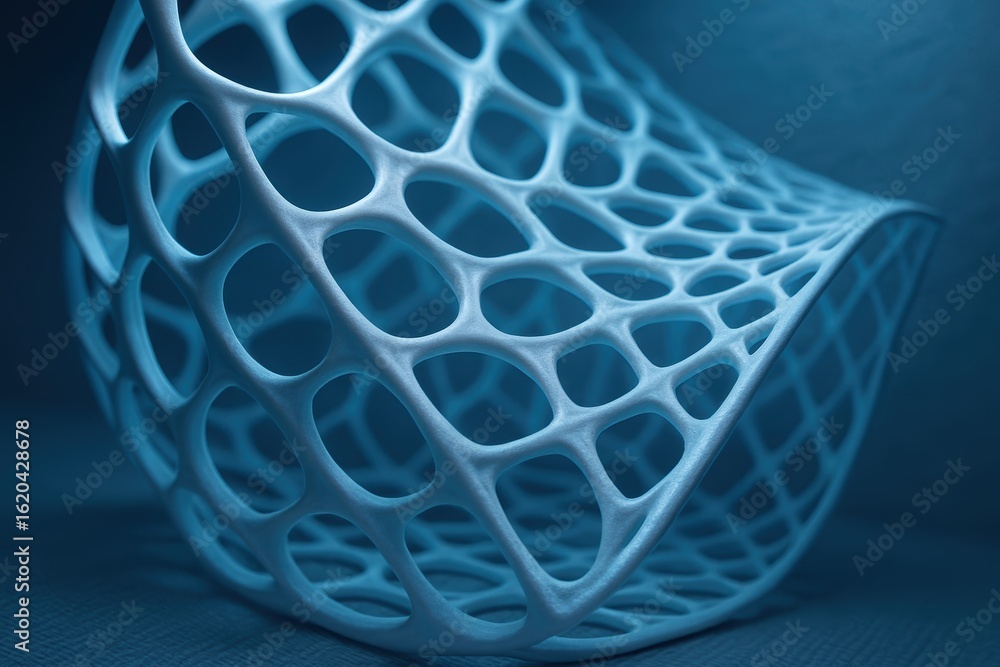 Poster abstract sculptural form in cool blue tones highlighting fluid curves and intricate patterns
