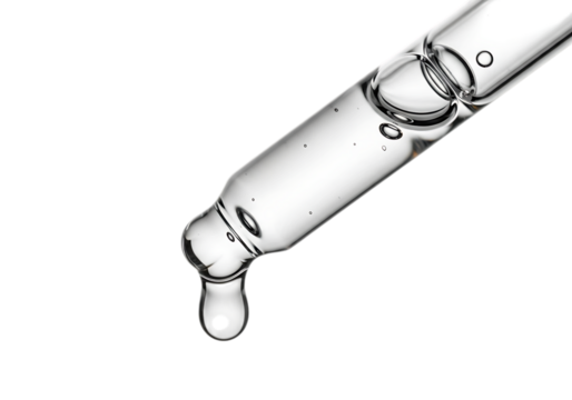 Closeup of a dropper with a liquid drop isolated on transparent background