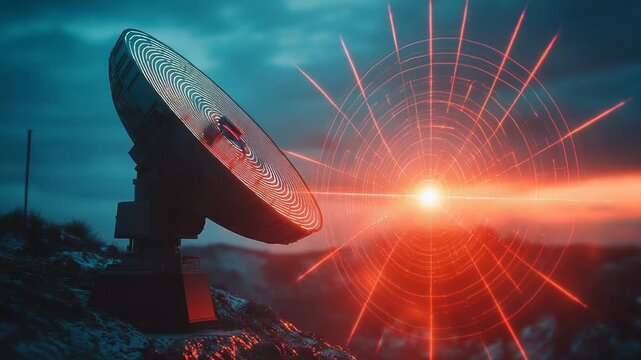 Satellite dish communicating with extraterrestrial intelligence at sunset