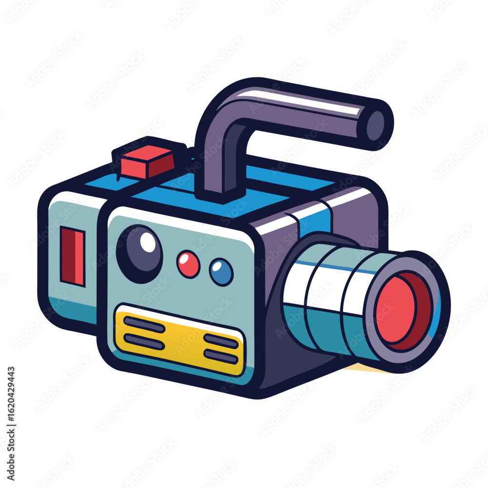 Poster retro video camcorder with lens and recording indicator isolated on white background