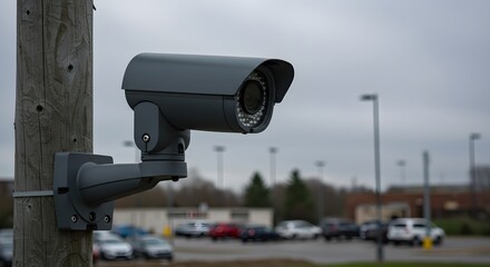 Security Camera on a Wood Pole Monitoring Parking Lot