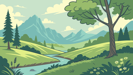 Serene Cartoon Landscape: Rolling Hills, River, Mountains, and Lush Greenery in Vibrant Springtime Scenery Illustration
