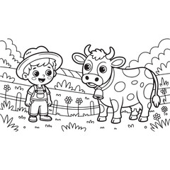 Fototapeta premium Cute and happy farm animals including a cartoon cow and a pig are shown in a fun coloring page illustration for kids