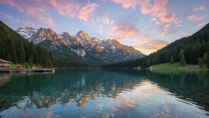 Obraz premium Sunset Mountain Lake Reflection Alpine Landscape Nature Scenic Beauty Peaceful Water Mirror Sky Clouds Twilight Evening Golden Hour Photography 
