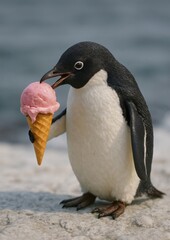 Naklejka premium Penguin enjoying pink ice cream.