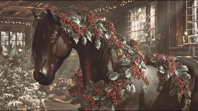 A beautiful horse decorated with a garland of holly stands on a city square decorated for Christmas. Video background for a greeting card for the Chinese New Year.