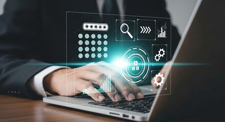 Businessman accessing data with laptop, modern interface, security, technology concept