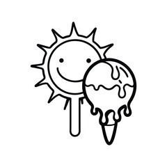 Happy sun and melting ice cream cone isolated line art on white background