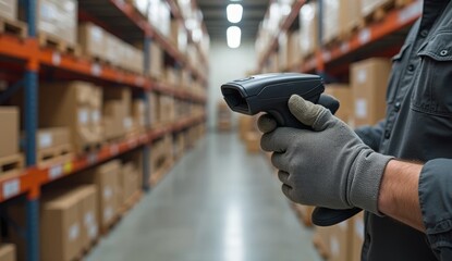 Warehouse worker in grey gloves holding handheld scanner, with blurred shelves and boxes in background. Suitable for inventory, automation, and logistics operations themes