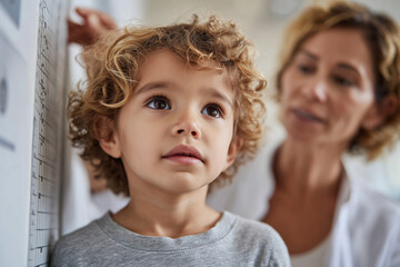 Child standing against growth measurement chart, doctor marking height on wall, supportive mother nearby, no logos, no text