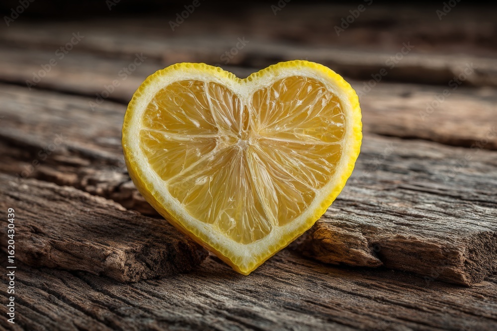 Poster heart-shaped lemon slice resting on rustic wooden background showcasing its vibrant color and textur