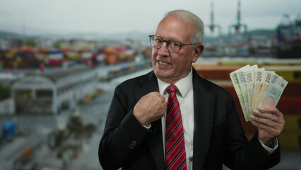 Senior man in business suit holds czech koruna banknotes at a seaside port, pointing with a smile,...