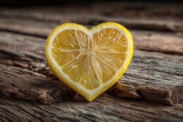 Heart-shaped lemon slice resting on rustic wooden background showcasing its vibrant color and texture