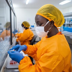 Global health disparities Laboratory technician working with medical samples in protective gear and mask.