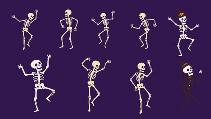 Spooky skeletons dancing with witch hat, perfect for Halloween celebrations and festive designs vector illustration