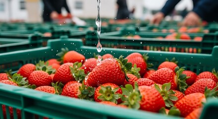 Fresh red strawberries being washed in green crates with water splashing strawberry fruit