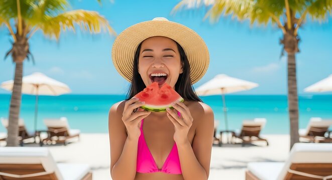 Joyful Asian Woman Enjoys Watermelon Slice on Tropical Beach Paradise - Powered by Adobe