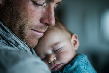 Fototapeta premium Father gently rocking baby to sleep in arms, dreamy lighting and soft tones