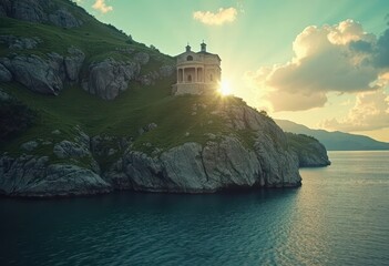 Chapel on Hilltop Overlooking Lake at Sunset, Scenic Landscape