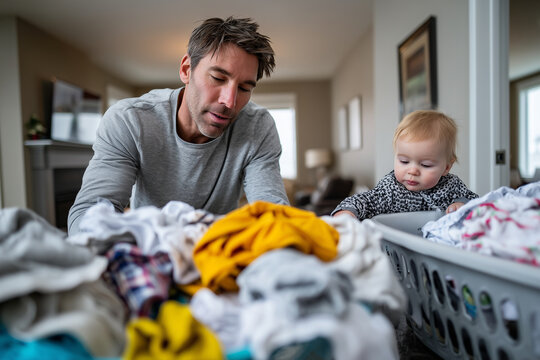Father folding laundry while baby plays nearby, multitasking caregiving scene, clean background