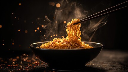 Spicy ramen in a black ceramic bowl, with steaming noodles picked up by chopsticks and chili flakes floating in the air, presenting an appetizing picture.