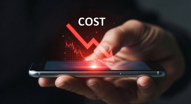 Cost reduction concept with downward arrow on smartphone screen, financial decline
