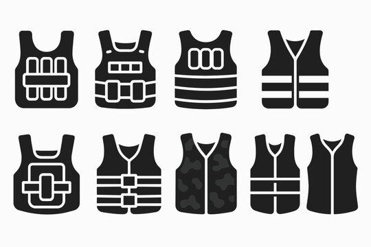 Safety vest silhouette icon set: protective clothing, construction, industrial icons