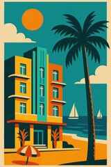 Obraz premium Retro beachside hotel illustration.