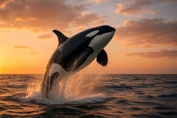 Fototapeta premium Majestic orca breaching against a stunning sunset backdrop