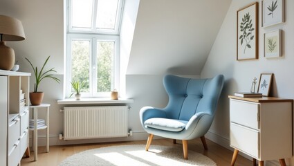 Cozy Attic Interior with Blue Armchair and Natural Light from a Large Window