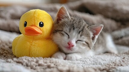A soft yellow duck toy rests beside a sleepy kitten on a blanket, capturing a heart-melting moment of comfort and calm indoors.
