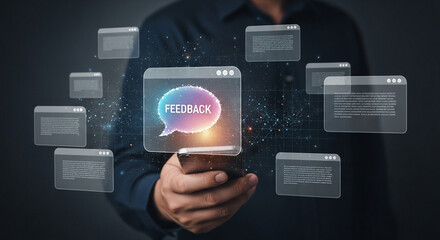 Person holding smartphone with digital interface and data streams